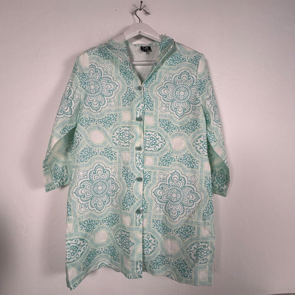 Connie Roberson Turquoise & White Floral Linen Button-Down Tunic Top Small